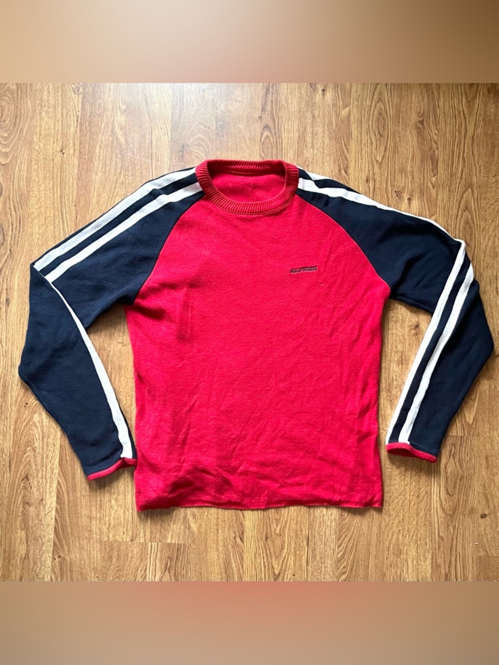 Vintage Tommy Hilfiger Red Crewneck Sweater with Blue Raglan Sleeves